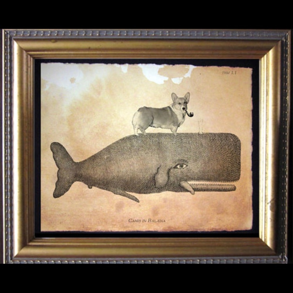 Corgi Dog Riding Whale Collage Print Tea Stained